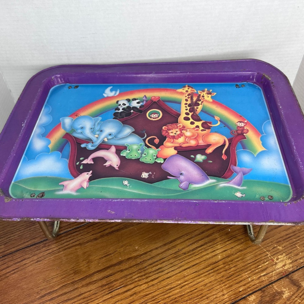 Vintage Noahs Ark Metal Folding Lap Tray Purple Kids TV Bed Tray Animals Rainbow